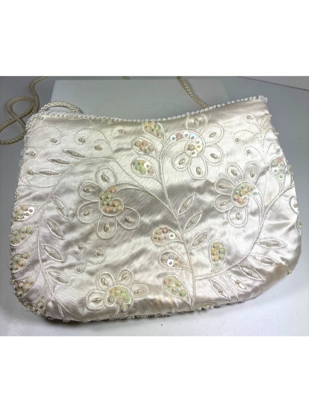Vintage White Beaded Floral Evening Bag Pastel Sequin Satin Purse